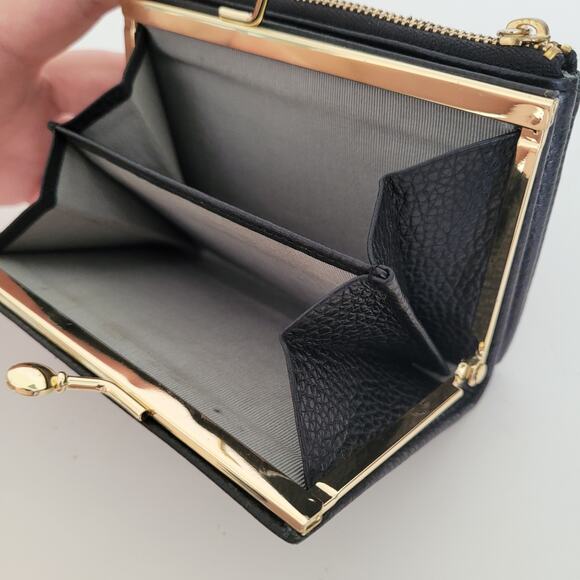 Samantha Thavasa Zip Kisslock Geniue Pebble Leather Wallet Black Boho Quality - Picture 4 of 11